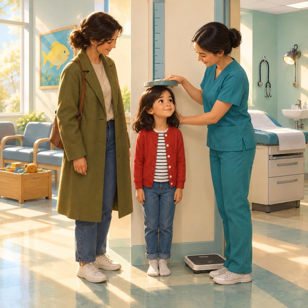 The nurse calls my name. She checks how tall I am and how much I weigh. The nurse helps keep children healthy.