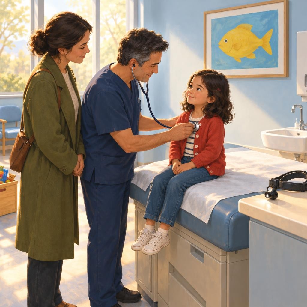 The doctor listens to my heart with a stethoscope. It feels a little cold. He looks in my ears with a small light.