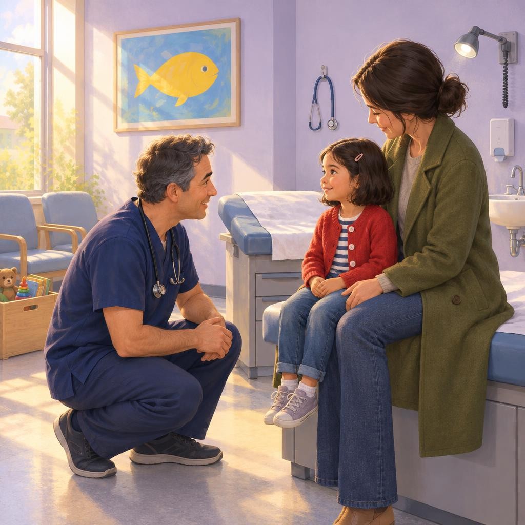 Sometimes children need a shot at a check-up. Many children feel a little nervous about shots. It is okay to feel a little nervous.