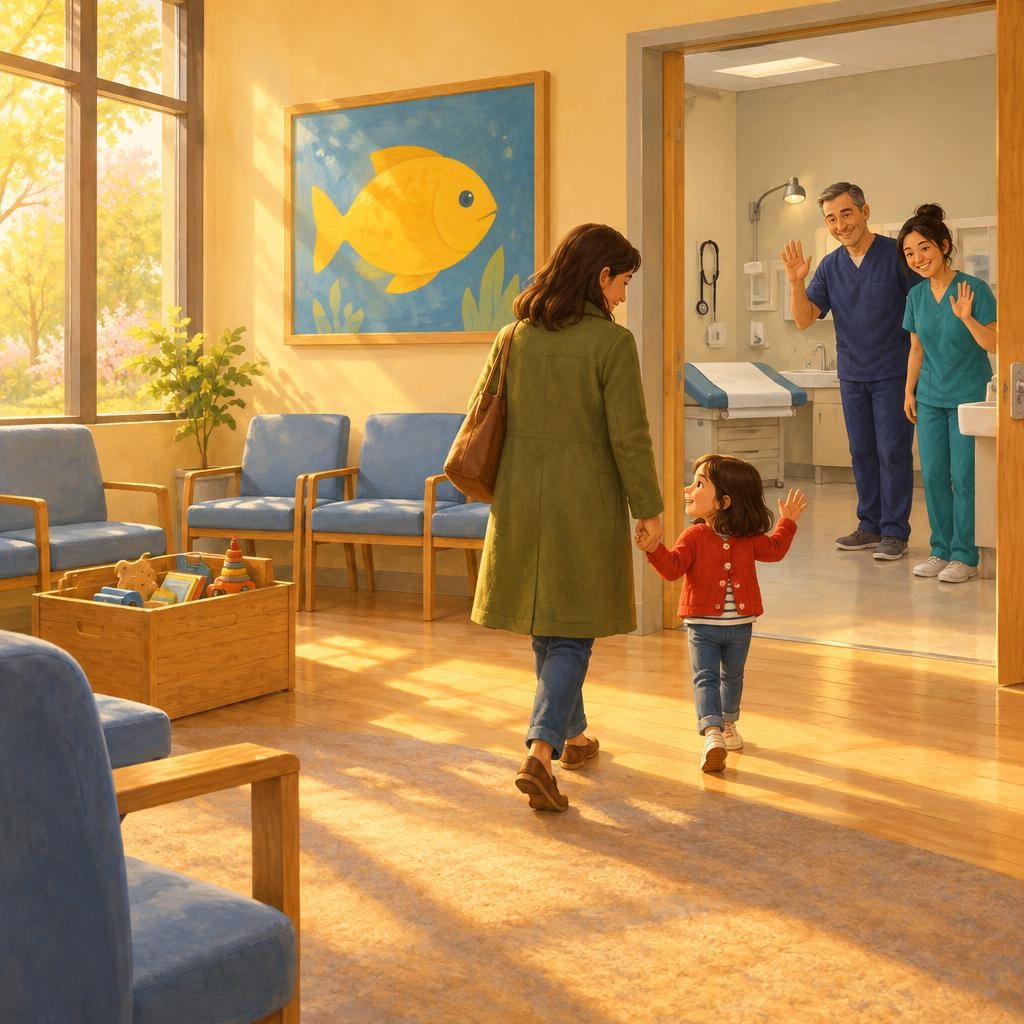 Then the check-up is all done. The check-up helps my body stay healthy. We wave goodbye and walk past the yellow fish painting.