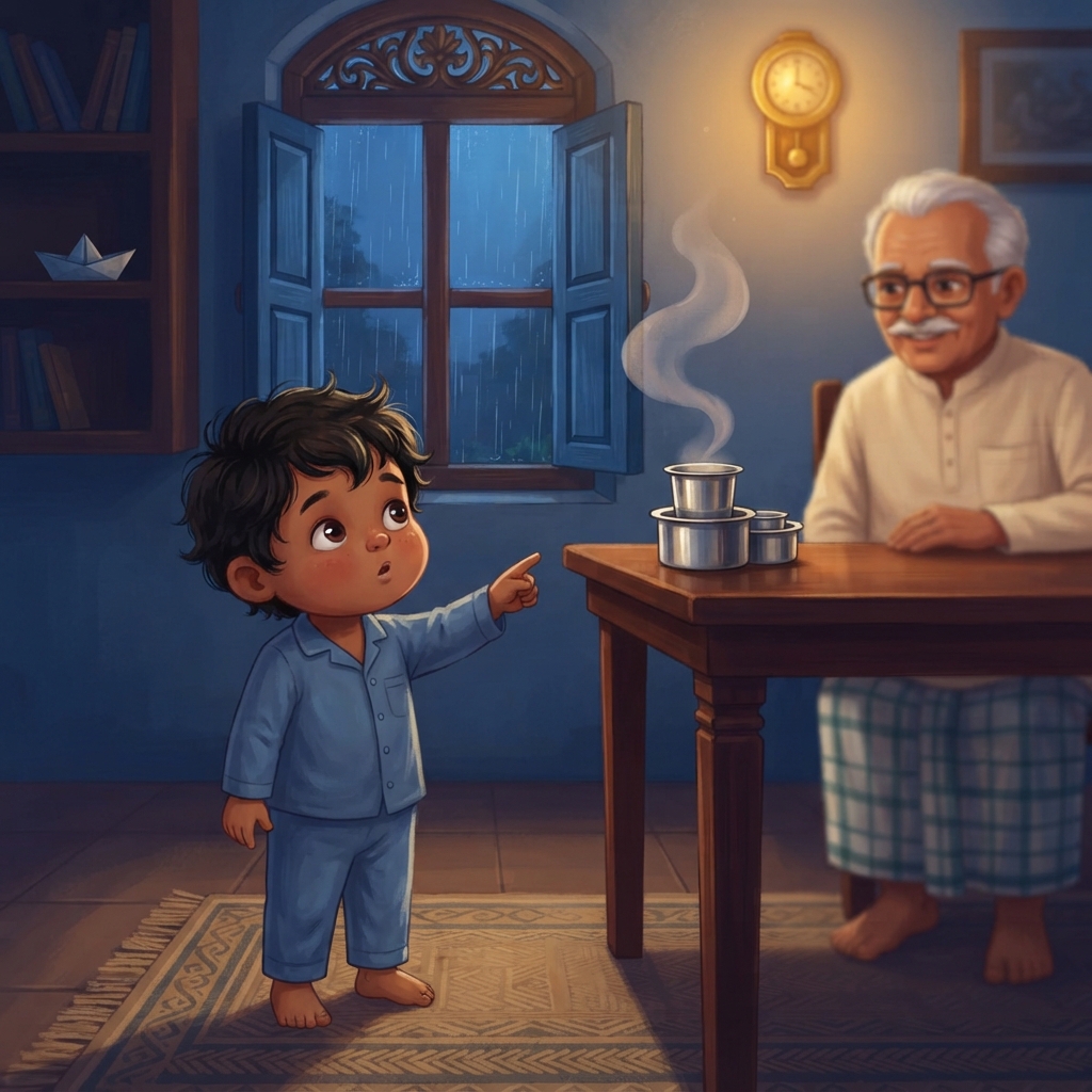 Bedtime வந்தாச்சு. ஆனால் குட்டுவின் கண்கள் இன்னும் coffee steam மேல்தான். தாத்தாவின் tumbler-லிருந்து ஒரு வெள்ளைச் சுருள் மேலே எழுந்தது. “அது ஒரு பாம்பு!” என்றான் குட்டு. சுருள் நெ