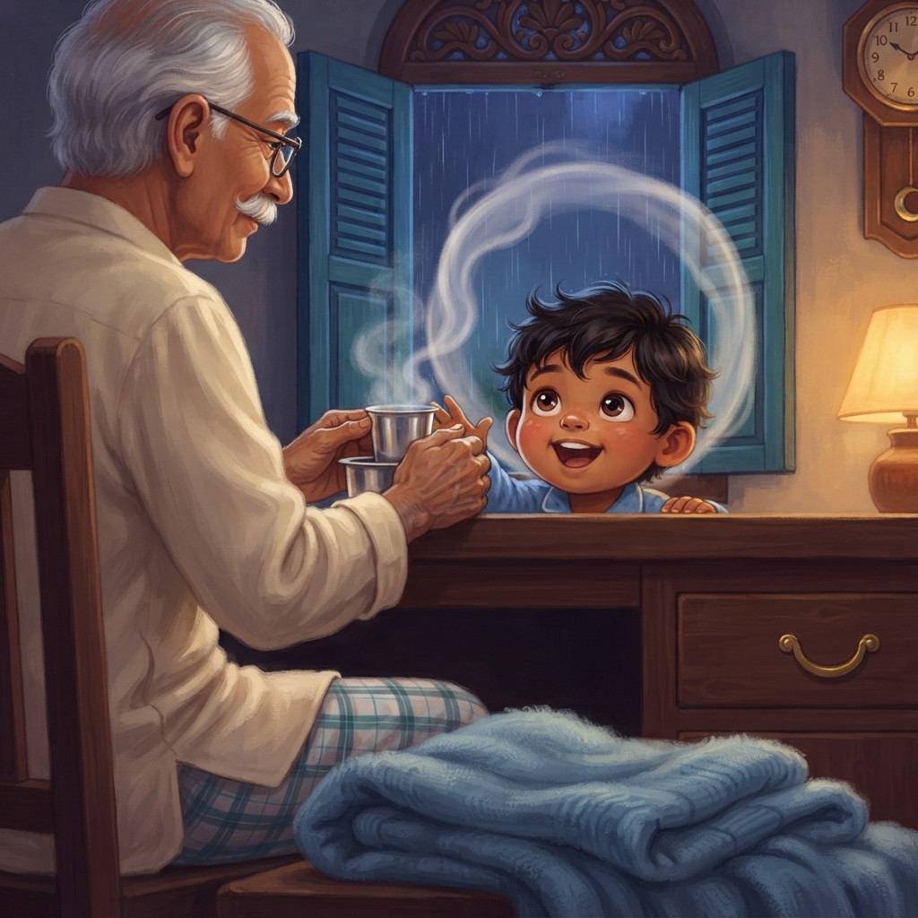 அடுத்த steam சுருண்டு, ஒரு பெரிய வட்டம் போட்டது. “Moon!” என்றான் குட்டு. தாத்தா மெதுவாகச் சிரித்தார். வட்டம் கொஞ்சம் கொஞ்சமாக நீண்டு, வேறொரு shape ஆனது.