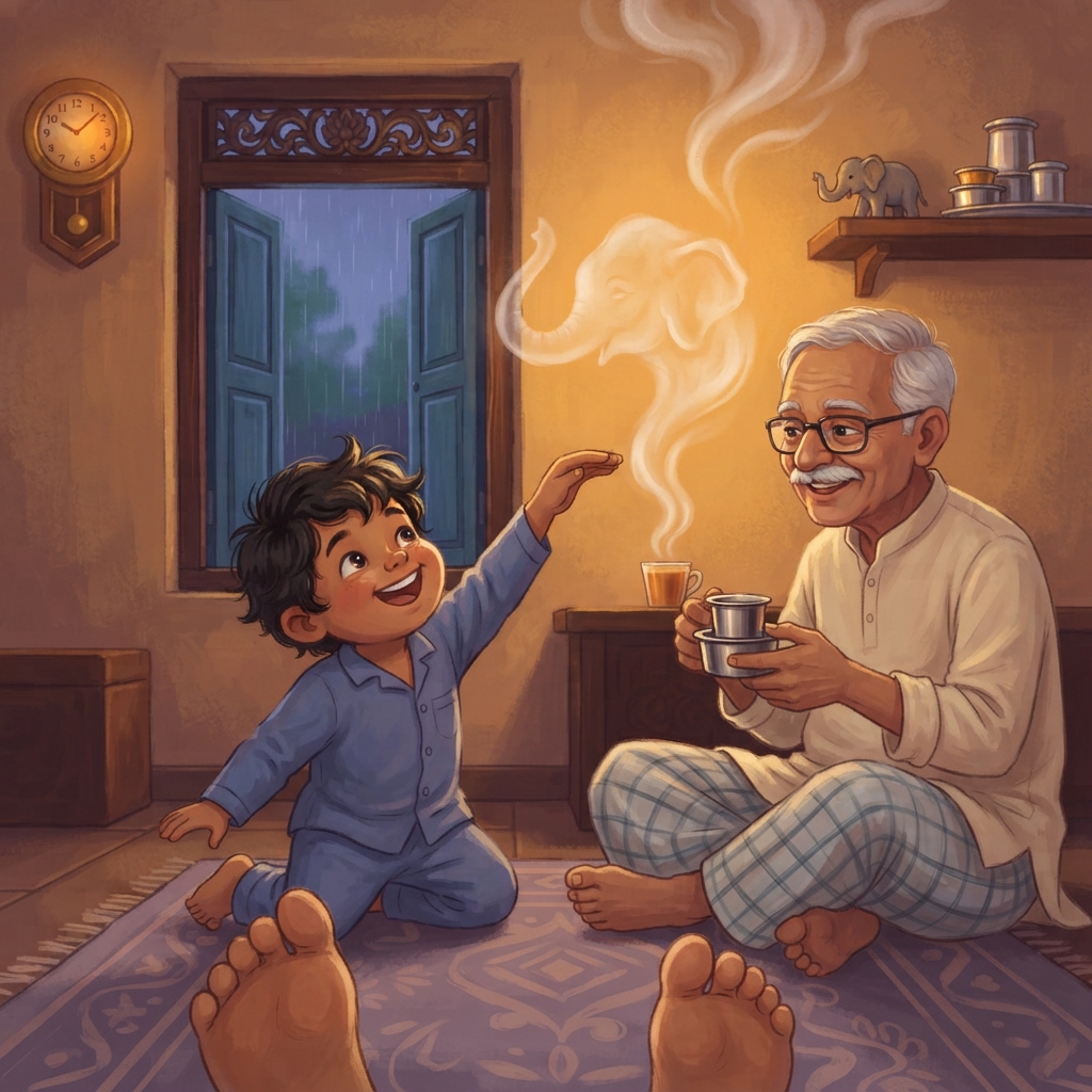 இப்போது அந்த நீண்ட shape-க்கு ஒரு தும்பிக்கை! “Elephant!” குட்டு கையை மட்டும் தும்பிக்கை மாதிரி ஆட்டினான். நீங்களும் மெதுவாக ஆட்டலாமா? Steam யானை மேலே மிதந்து, சின்னச் சின்ன மேகங்க