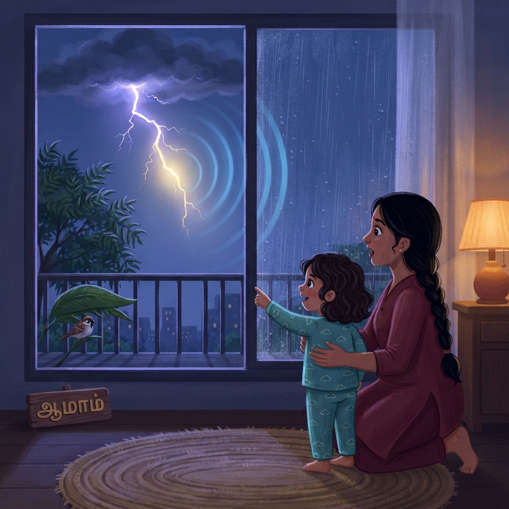 தூரத்து மேகத்தில் lightning மின்னும்போது, light-மும் thunder sound-மும் ஒரே நேரத்தில் தொடங்கும். ஒன்று முதலில், இன்னொன்று பிறகு உருவாகவில்லை. இரண்டும் ஒரே lightning-ன் twins மாதிரி
