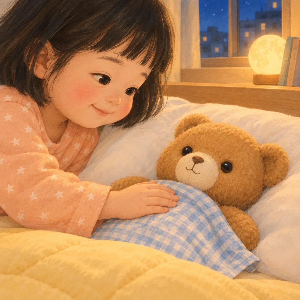 하은이는 작은 손수건을 곰돌이 배에 살포시 덮어 주었어요. 그리고 엄마처럼 토닥토닥. 토닥토닥, 토닥토닥. “곰돌아, 이제 코 자자.”