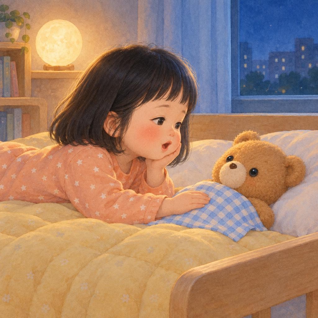 하은이가 작은 목소리로 자장가를 불렀어요. “자장자장 우리 곰돌이, 잘도 잔다 우리 곰돌이.” 토닥토닥, 노래에 맞춰 손도 천천히 움직였어요.