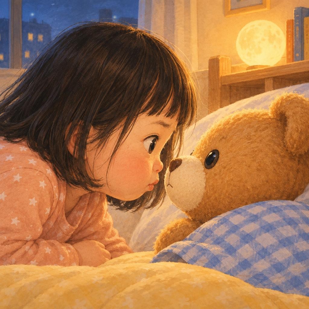 그런데 이상해요. 곰돌이 눈이 동그랗게 떠 있어요. 다시 토닥토닥, 자장자장. 그래도 곰돌이 눈은 말똥말똥. “엄마, 곰돌이가 눈을 안 감아요!”