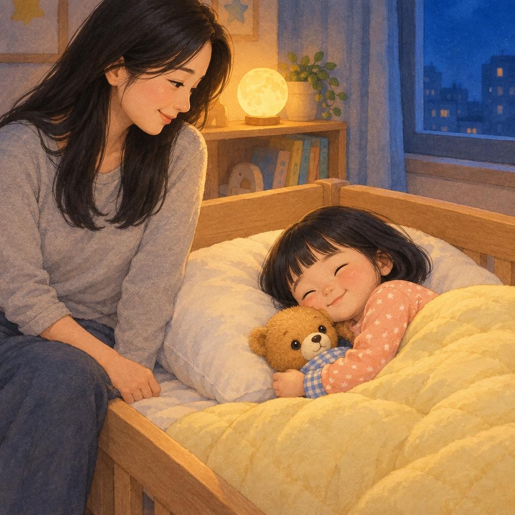 엄마가 침대에 앉아 웃었어요. “곰돌이는 단추 눈이라서 눈을 뜨고 자는 곰이야. 하은이가 먼저 눈을 감고 보여 줄래?” 하은이는 곰돌이를 꼭 안고 누웠어요. 그리고 눈을 꼭 감았어요. “곰돌아, 이렇게 하는 거야.”