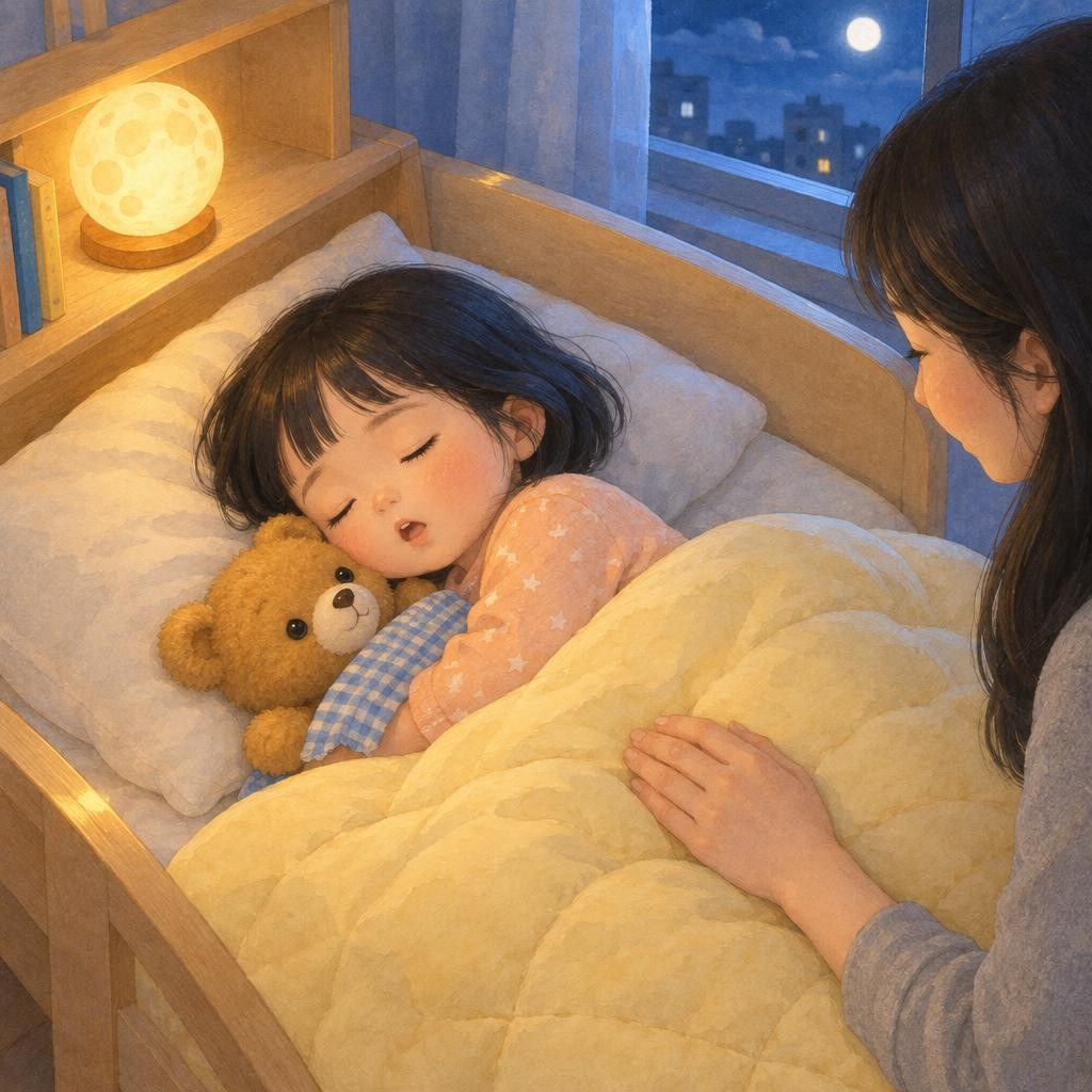엄마가 하은이를 토닥토닥 해 주며 작게 노래했어요. “자장자장 우리 하은이, 잘도 잔다 우리 하은이.” 하은이는 곰돌이를 안은 채 쌔근쌔근 잠이 들었어요. 곰돌이는 동그란 눈으로 하은이를 지켜 주었지요.