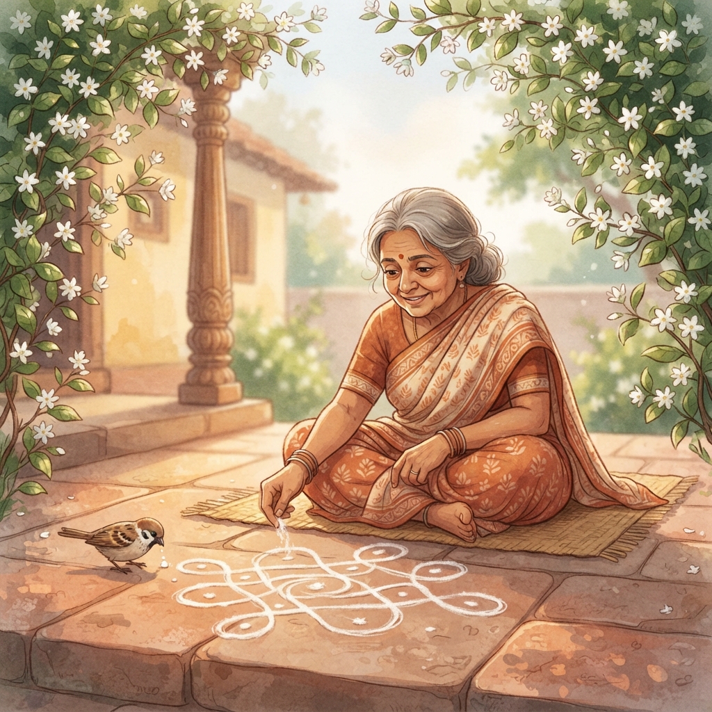 Storybook cover for பாட்டியின் Kolam-ம் குருவியின் ஒரு புள்ளியும்