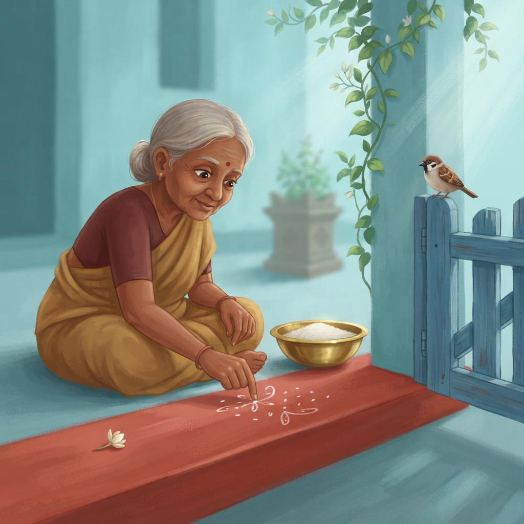 வாசலில் காலை light மெதுவாக வந்தது. பாட்டி rice flour எடுத்து, புள்ளி புள்ளியாக kolam போட ஆரம்பித்தார். சின்னக் குருவி ஒன்று gate மேலிருந்து பார்த்தது. அதன் கண்கள் ஒரு புள்ளியையே கு
