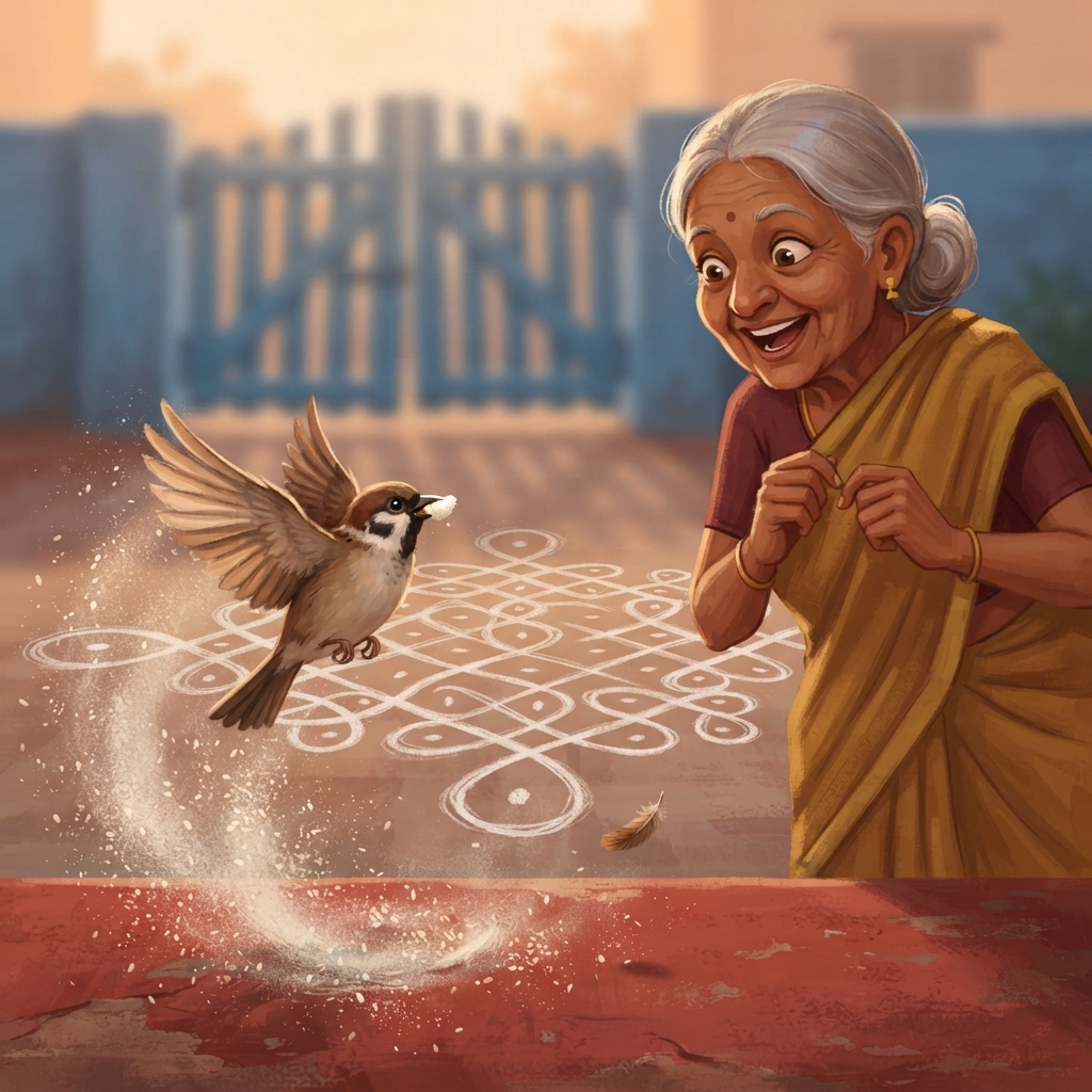 பாட்டி கோடு இழுக்கத் திரும்பினார். டக்! குருவி கீழே வந்தது. ஒரு rice புள்ளியை எடுத்துக்கொண்டு—பறந்தே போயிற்று! “அடடா!” என்று பாட்டி சிரித்தார். அந்த இடத்தில் ஒரு சின்ன gap.