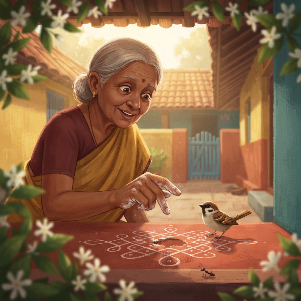பாட்டி அந்த gap-ஐ நிரப்பினார். குருவி மறுபடியும் வந்தது. டக்! இன்னொரு புள்ளி போச்சு. பாட்டி கையை இடுப்பில் வைத்து பார்த்தார். “உனக்கு என் kolam ரொம்பப் பிடிச்சிருக்கா?” என்றார்.