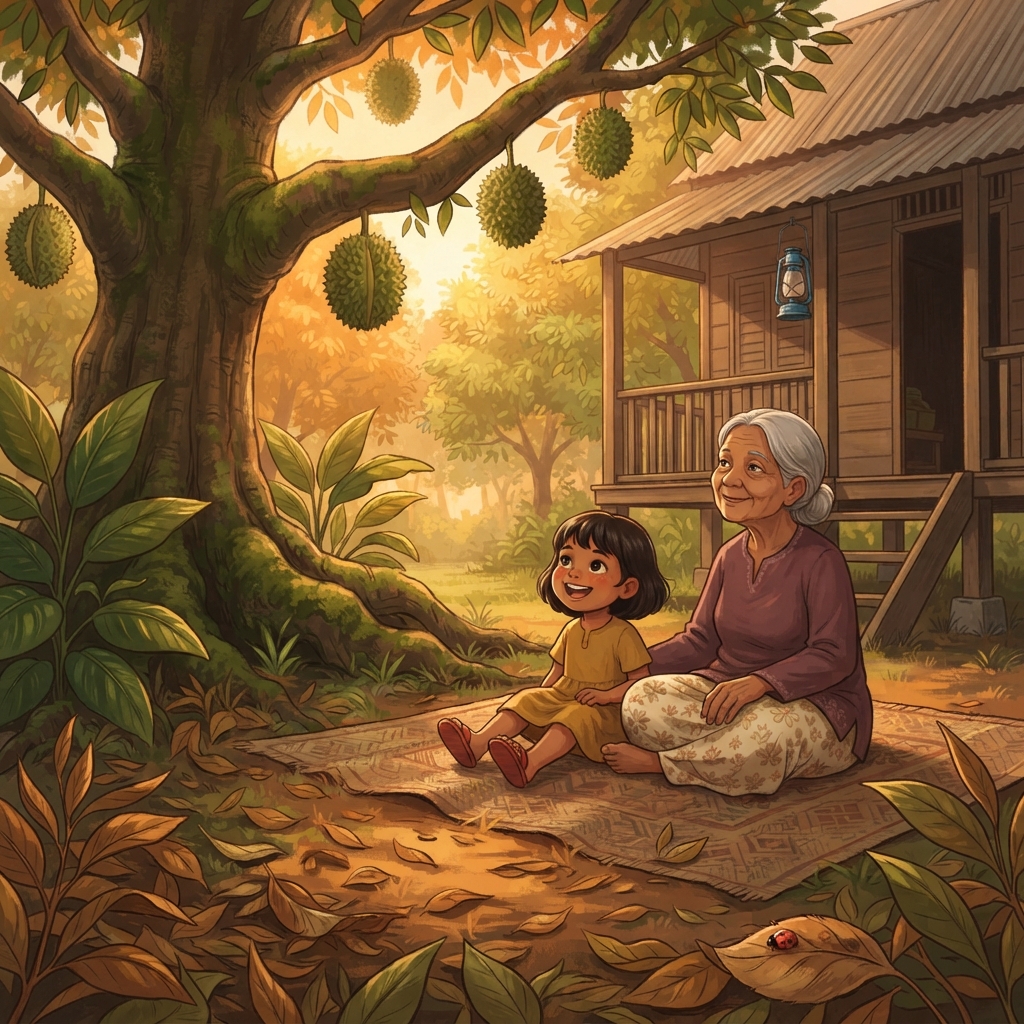 Mila mahu merasa durian yang masak sendiri di pokok. Dia duduk bersama Nenek di atas tikar, jauh sedikit daripada buah yang tergantung. Mila mendongak. Daun bergoyang. Durian diam.