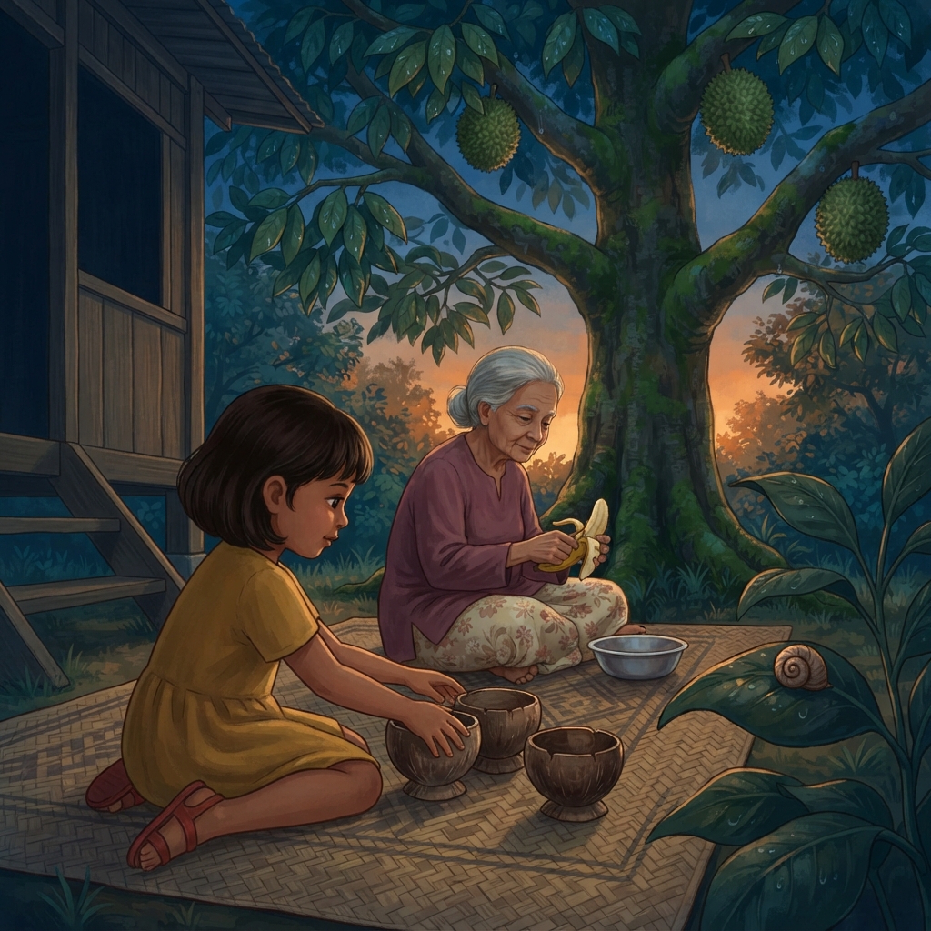Mila makan pisang. Mila menyusun tiga tempurung. Mila mengira kunang-kunang. Kemudian dia mendongak lagi. Durian masih tergantung. “Belum lagi,” bisik Mila sendiri.
