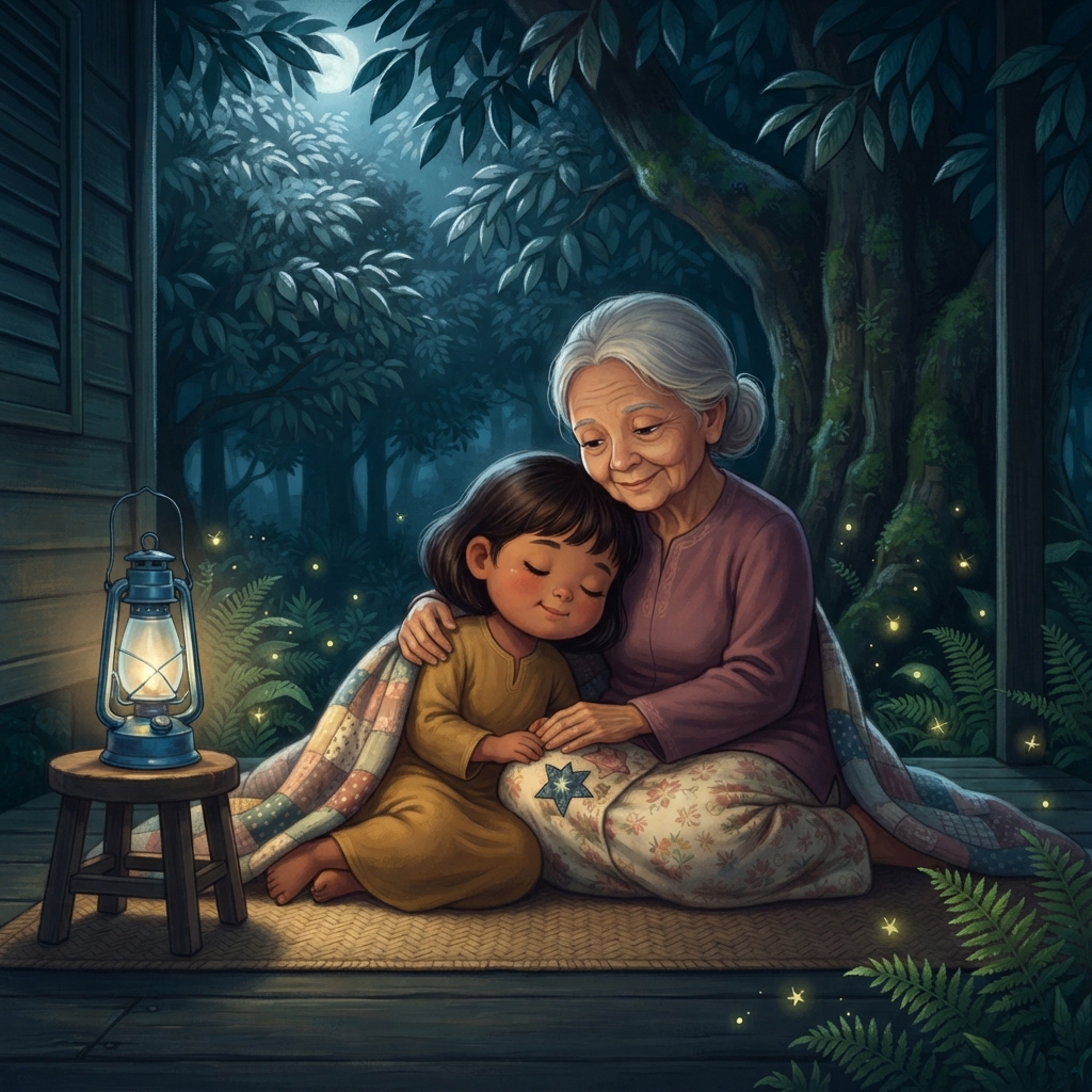Langit menjadi gelap. Lampu rumah menyala biru lembut. Mila cuba membuka mata besar-besar. Sekali. Dua kali. Tetapi kepalanya terangguk. Nenek membuka selimut nipis. “Durian tahu m