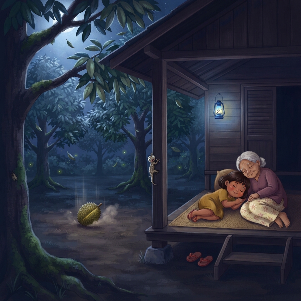 Mila sudah lena di sisi Nenek. Angin menggoyang dahan tua. Tangkai buah yang masak terlerai. Gedebuk! Sebiji durian jatuh ke tanah kosong di bawah pokok—jauh daripada tikar mereka.