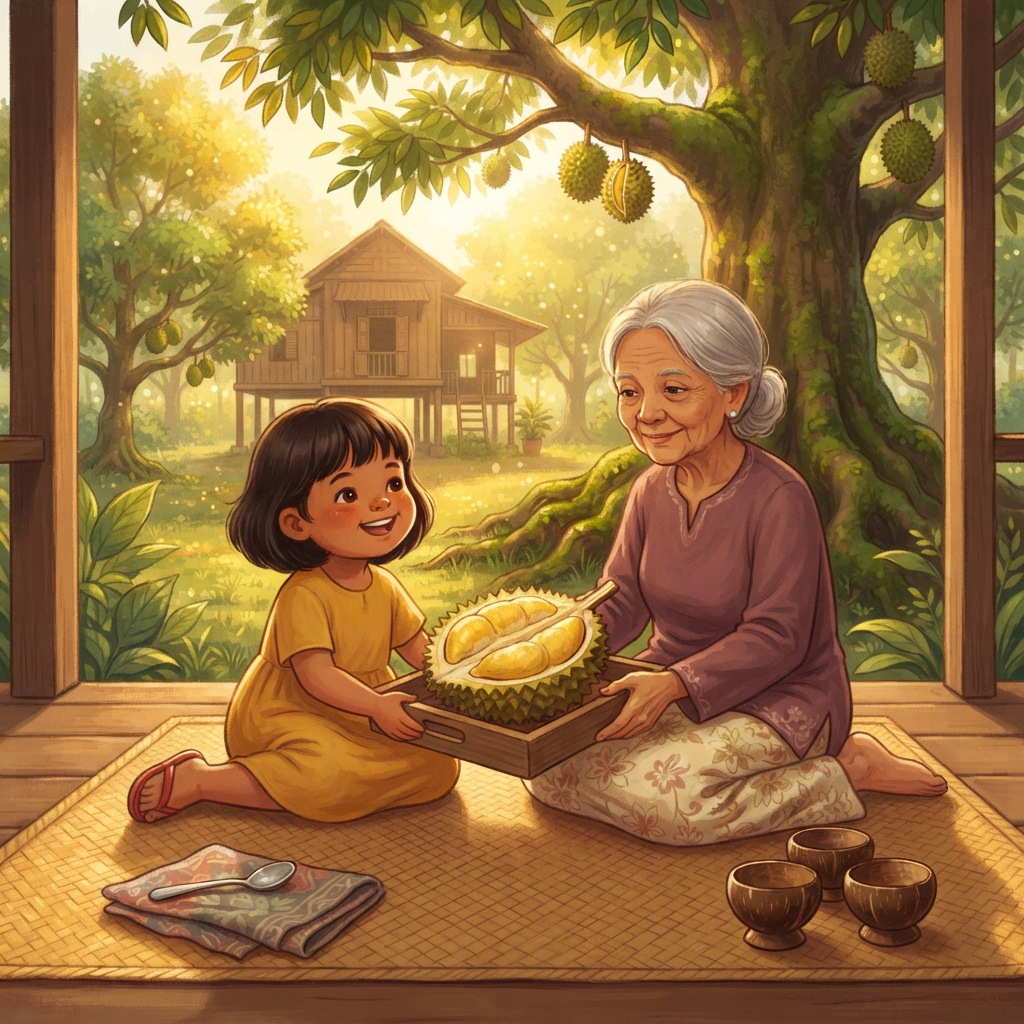 Nenek mengambil durian itu apabila pagi sudah terang. Mila menunggu di meja. Apabila Nenek membukanya dengan selamat, ulas kuning tersenyum di dalam. Mila merasa satu suap. Lembut,