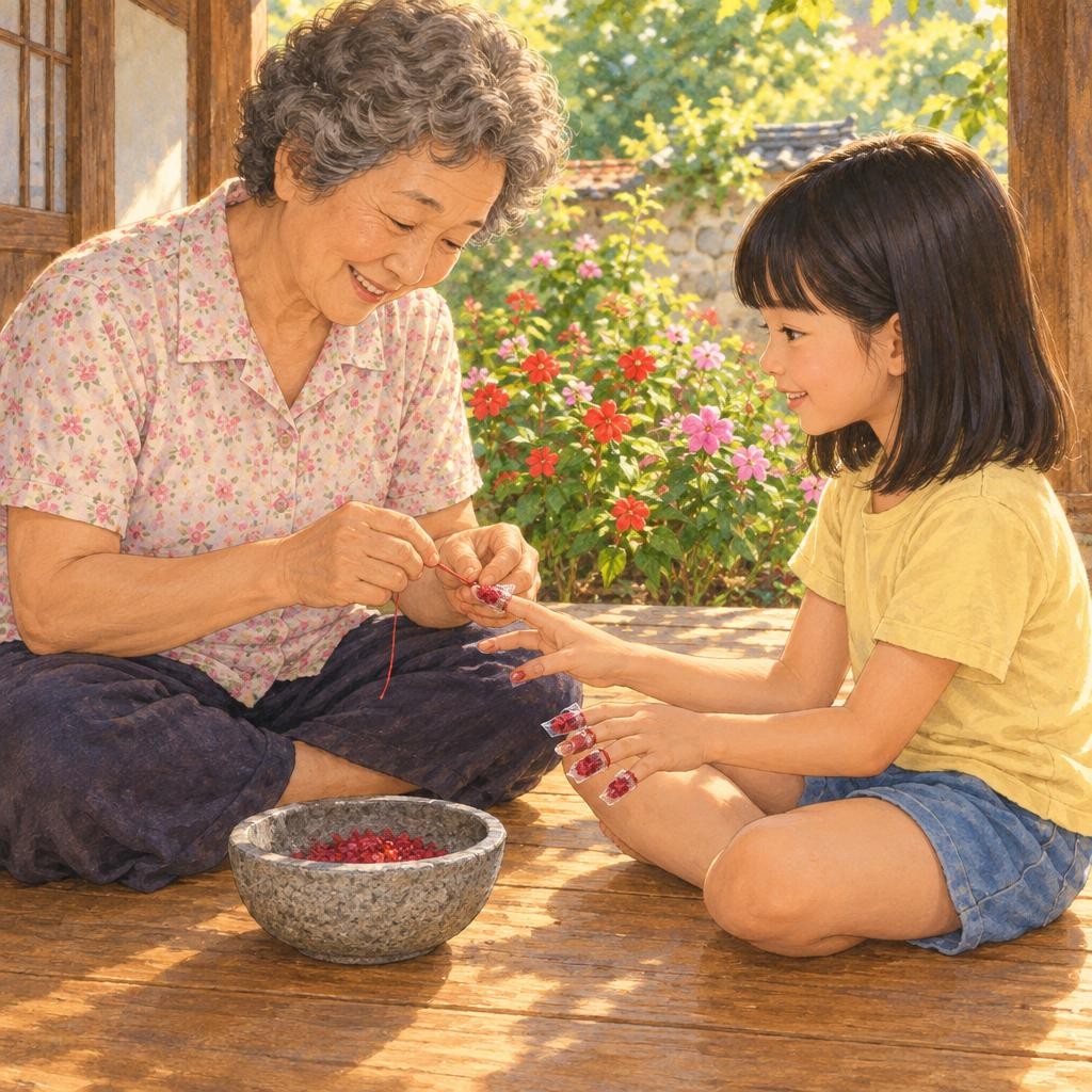 뜨거운 여름날, 할머니는 마당에 핀 빨간 봉숭아 꽃잎을 콩콩 찧었어요. 그리고 서아 손톱 위에 하나씩 얹고, 비닐로 감싸 실로 꼭꼭 묶어 주었지요. “옛날부터 이런 말이 있단다. 봉숭아 물이 첫눈 올 때까지 남아 있으면, 소원이 이루어진대.” 다음 날 아침, 서아의 손톱 열 개는 모두 예쁜 주황빛이 되었어요.
