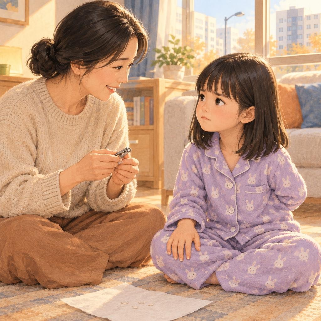 그런데 손톱은 날마다 조금씩 자랐어요. 주황색은 점점 손톱 끝으로 올라갔고, 일요일마다 엄마가 손톱을 똑똑 깎았지요. 이제 주황색은 새끼손가락에만 남았어요. 오늘도 일요일. 엄마가 손톱깎이를 들자, 서아는 왼손을 등 뒤로 쏙 숨겼어요. “새끼손가락은 안 돼요!” 엄마는 빙그레 웃었어요. “그래, 새끼손가락은 다음 주에 깎