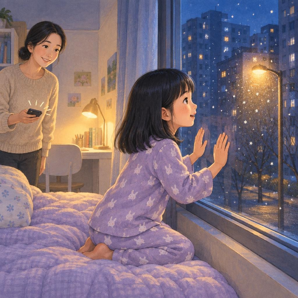 며칠 뒤, 잠자리에 들기 전이었어요. 창밖 가로등 불빛 아래로 하얀 것이 하늘하늘 내려왔어요. “첫눈이다!” 서아는 얼른 새끼손가락을 보았어요. 실처럼 가느다란 주황색이 아직 손톱 끝에 붙어 있었어요. 할머니한테 전화하려는데, 그때 엄마 휴대폰이 먼저 울렸어요. “서아야, 첫눈 왔다! 할머니가 먼저 봤지?”