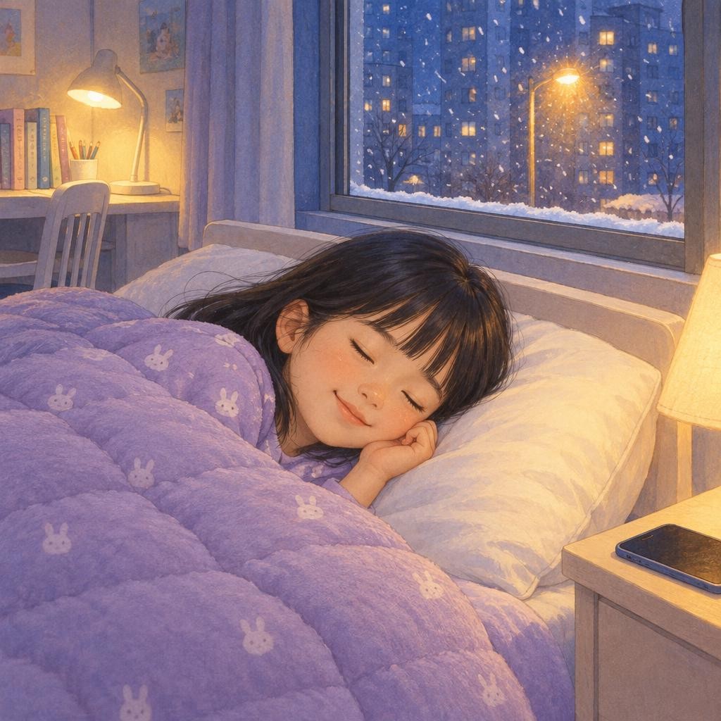 서아와 할머니는 전화기를 사이에 두고 눈을 꼭 감았어요. 서아가 작게 소원을 말했어요. “내년 여름에도 할머니랑 봉숭아 물들이게 해 주세요.” 전화기 너머에서 할머니가 웃었어요. “어머나, 할머니 소원이랑 똑같네.” 그날 밤, 서아는 새끼손가락을 볼에 살포시 대고 잠이 들었어요. 창밖에는 첫눈이 소복소복 내렸어요.