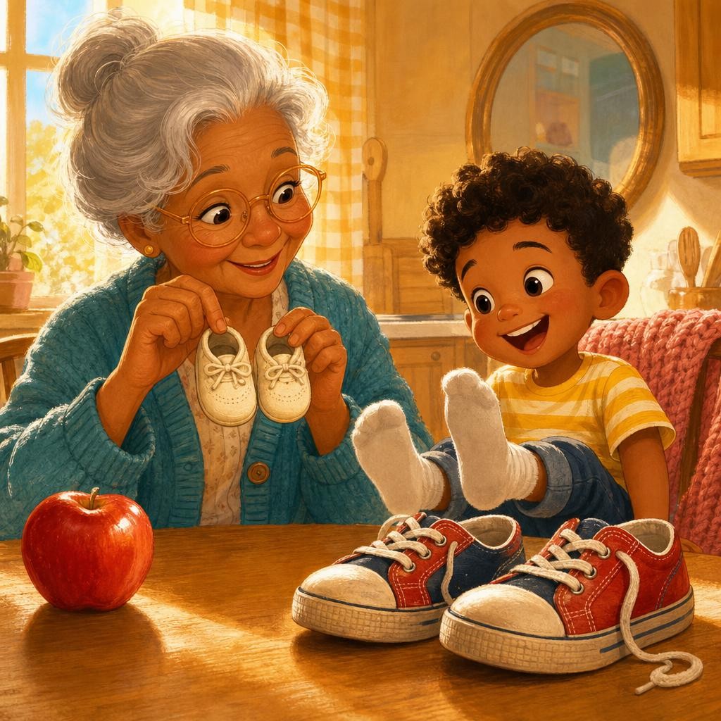Grandma held up Sam's old baby shoes, tiny as cookies. "These fit you when you were little — then your feet grew!" Baby teeth are like those little shoes: starter teeth that chew y