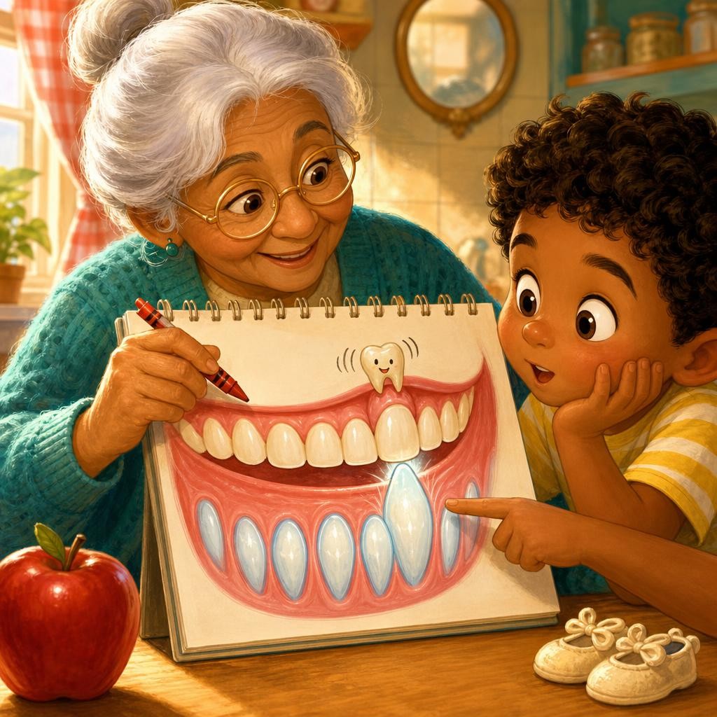 "But where do the new teeth come from?" Sam asked. Grandma drew a picture: under Sam's gums, hiding like feet inside socks, grown-up teeth were already waiting, each one right belo