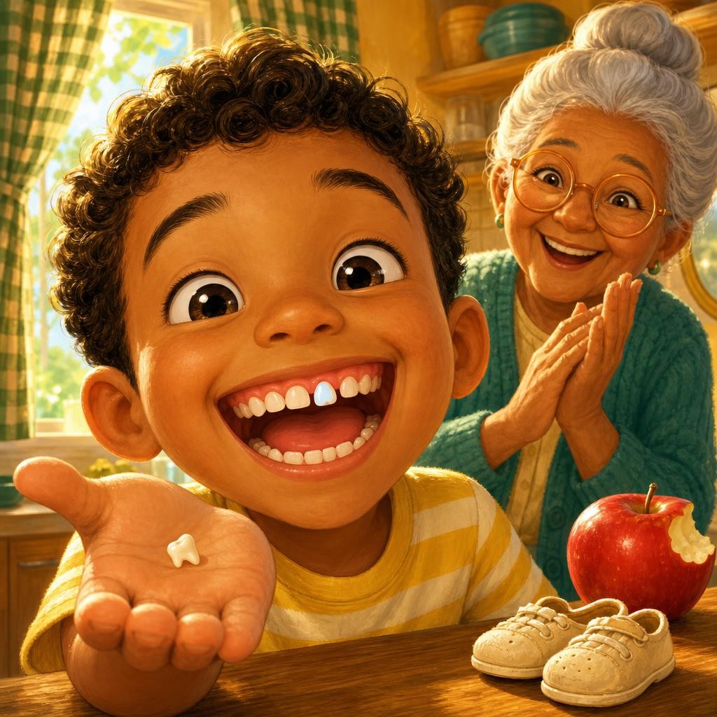It wiggles — just like Sam's tooth! The big tooth pushed up from below, the baby tooth let go little by little, and one day it popped out, soft and easy, with a perfect spot waitin