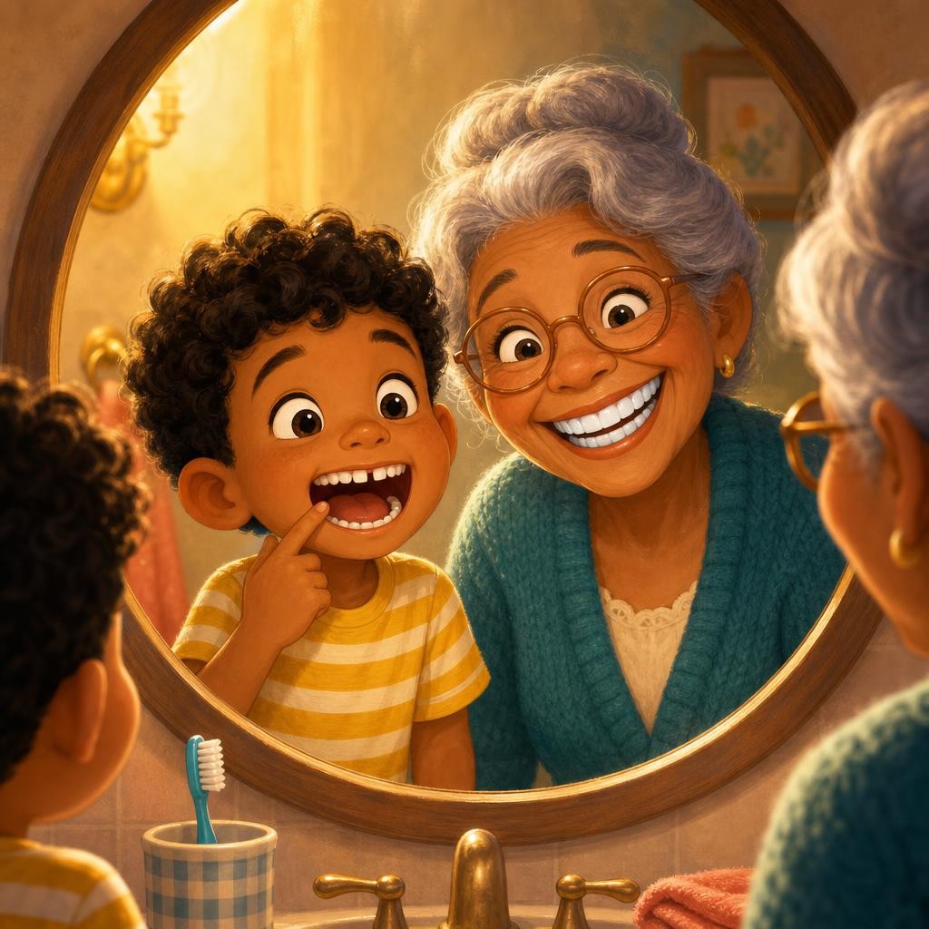 Here is the amazing part: you start with 20 baby teeth, but you trade them for 32 grown-up teeth — twelve more, because your bigger jaw has room for a bigger team! Tonight, stand a