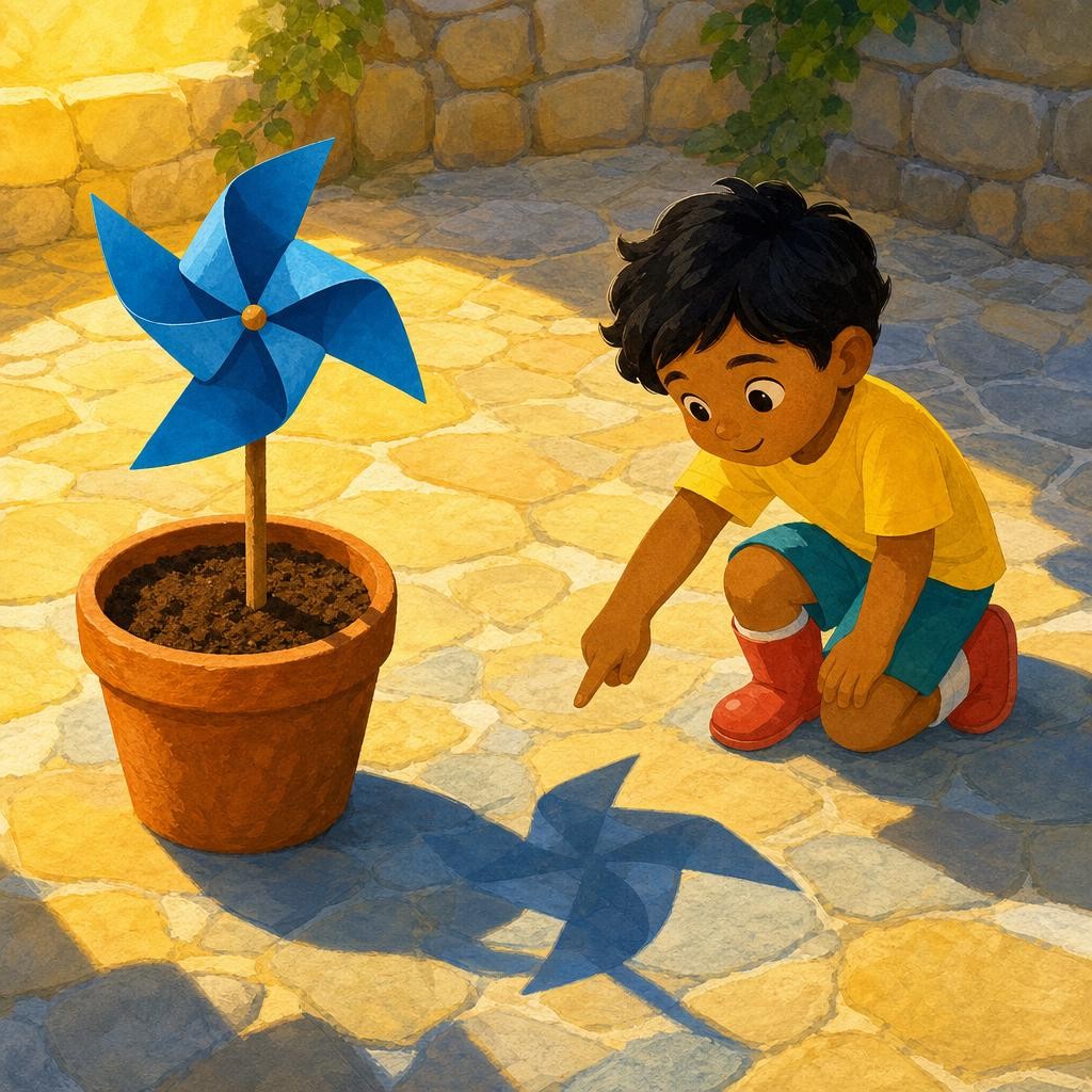 Sunlight brightened the stones around a blue pinwheel. But the solid pinwheel stood in some of that light's path. Behind it, one pinwheel-shaped patch received less light, so it lo