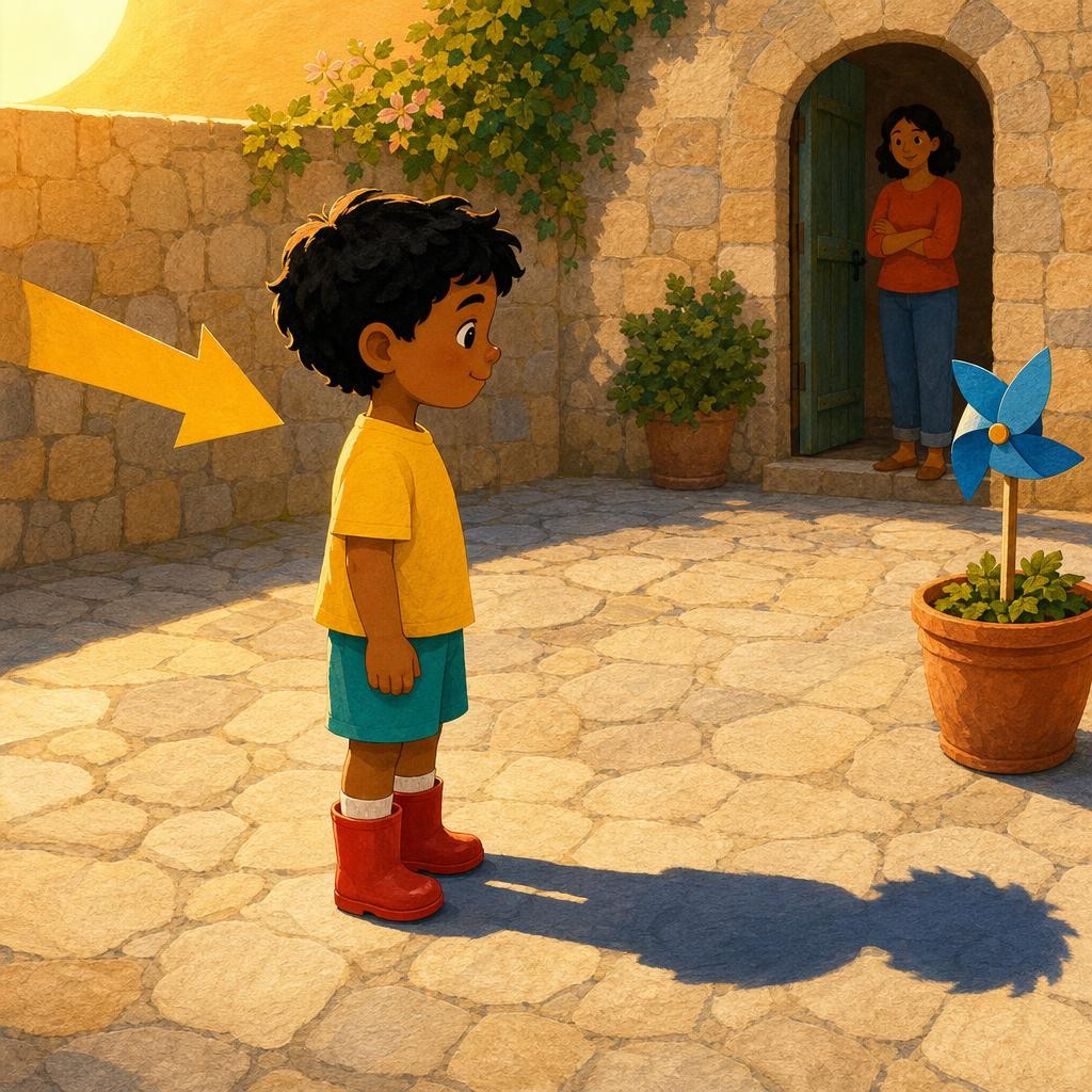 The warm light came from behind Niko. Niko's body blocked a little of it. The shadow began at Niko's boots and stretched across the stones on the other side—away from the light. Li