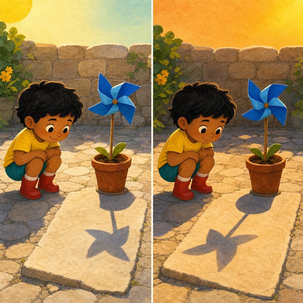 Later, the sunlight came from a different place in the sky. The pinwheel had not walked anywhere, but its shadow now pointed a different way. When the direction of the light change