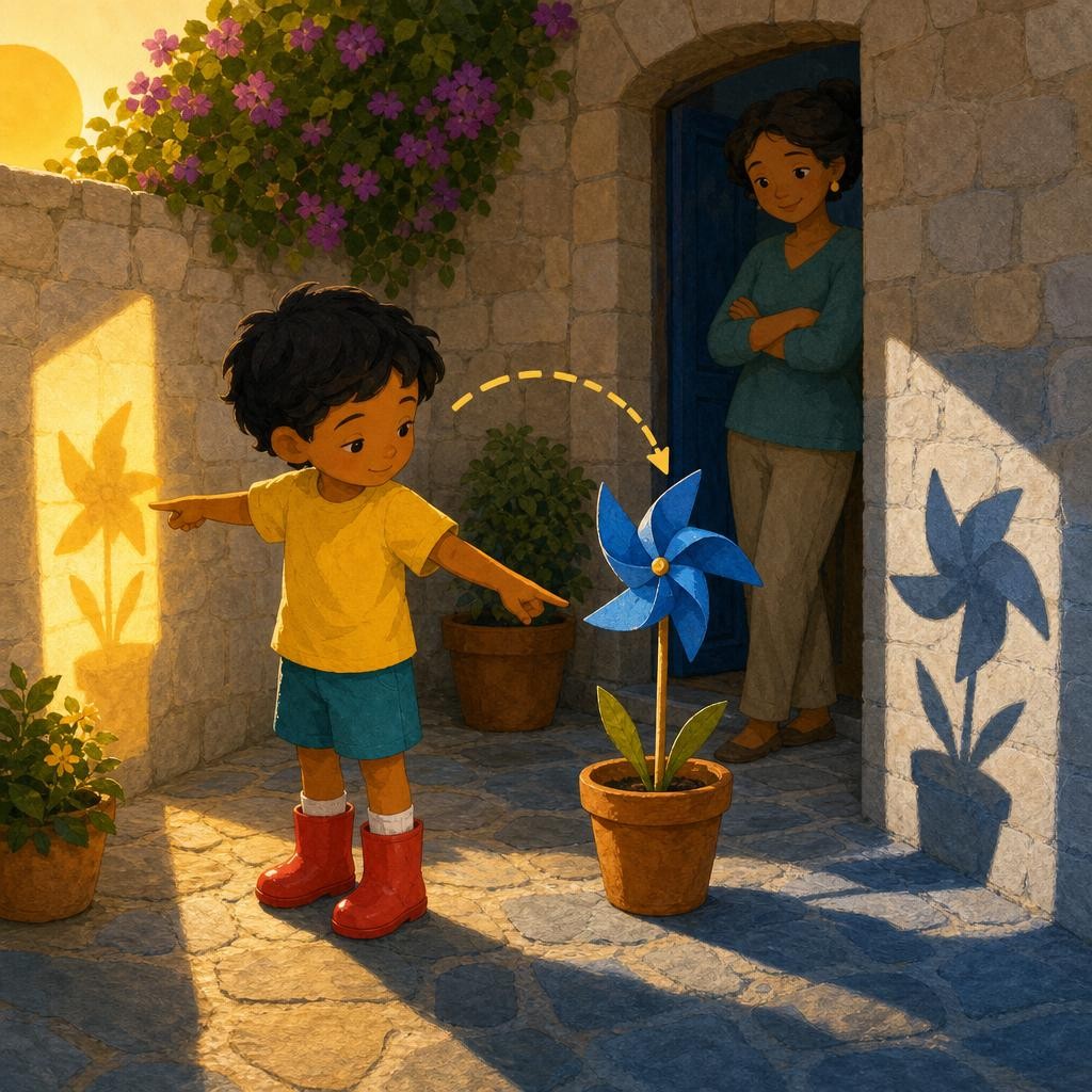 Niko noticed the Sun's warm glow on the courtyard wall and kept eyes safely down. From the light, to the pinwheel, to the cool dark patch—there was the clue! An object blocks some