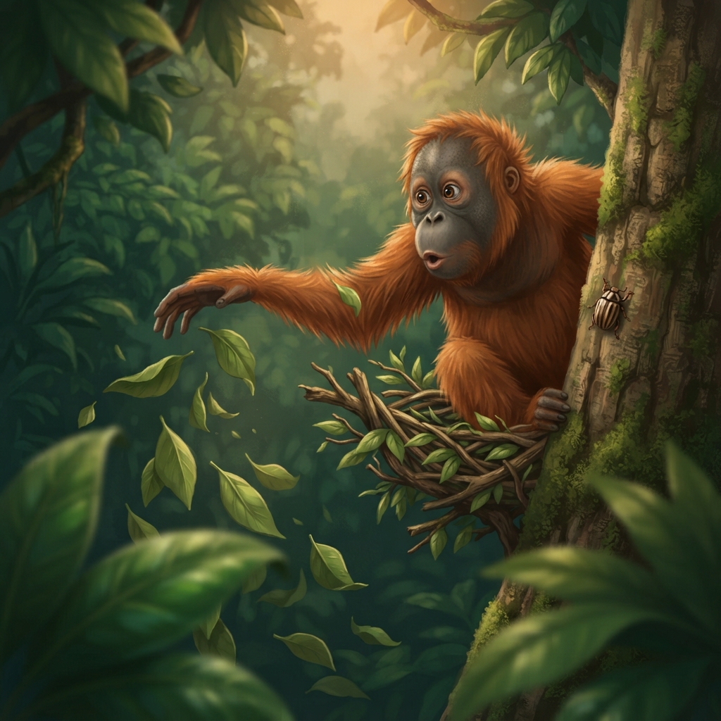 Luma menarik daun-daun lebar ke atas cabang. Tarik, tumpuk—plup! Daunnya melorot ke bawah. Luma menatap tempat kosong itu. Daun saja belum cukup. Sarangnya perlu pegangan.