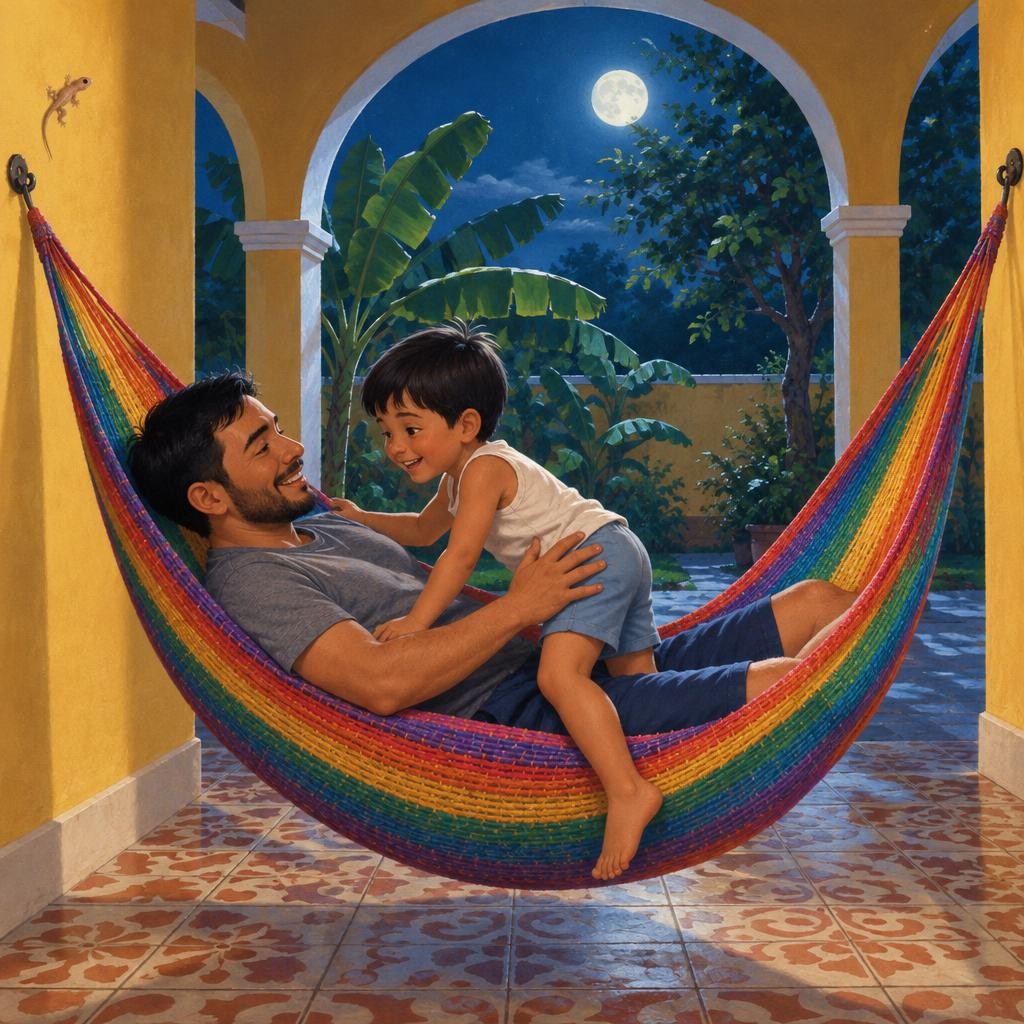 Papá se asomó a la puerta y sonrió. —Ya sé qué hacemos. ¡Vamos a la hamaca! En el corredor, junto al patio, estaba colgada la hamaca grande, la de rayas de muchos colores. Ahí sí e