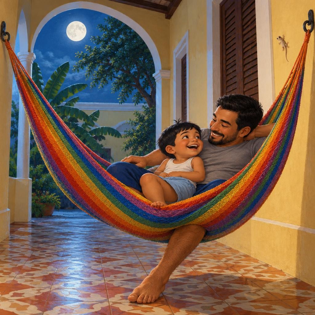 Papá empujó el piso con un pie, despacito. Y la hamaca empezó a mecerse: mece que mece, mece que mece. Para un lado, Mateo veía la luna, redonda y blanca. Para el otro lado, veía u