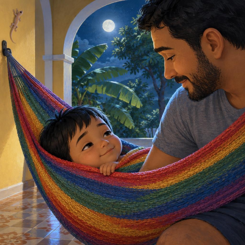 Un vientito movió las hojas del patio: shhh, shhh. —Papá, ¿tú también dormías en hamaca cuando eras chiquito? —Todas las noches —dijo papá—. Y mi abuelita me mecía así, igualito. M