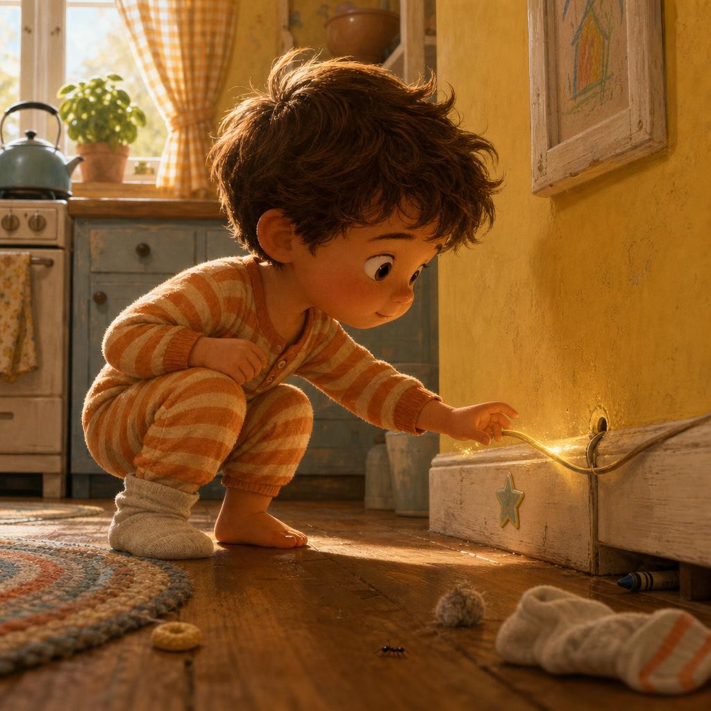 மிலோ கம்பியை பார்க்கிறான் illustration for சிம்மி — சுவரில் வாழும் தங்கத் தீப்பொறி