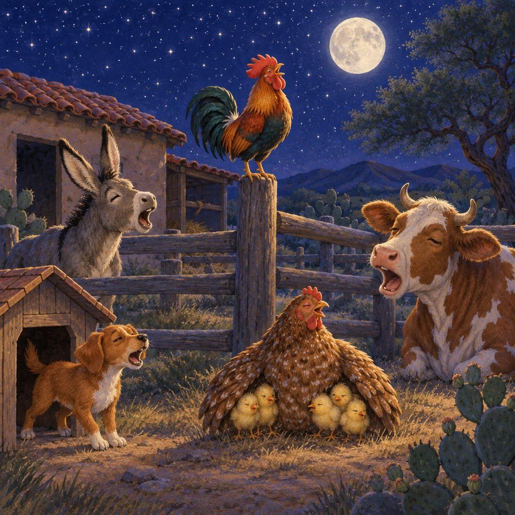 El burro levantó las orejas: —¡I-aah! La perrita Canela salió de su casita: —¡Guau, guau! Y los pollitos asomaron la cabeza: —¡Pío, pío, pío! Todos bostezaban. Todos parpadeaban. —