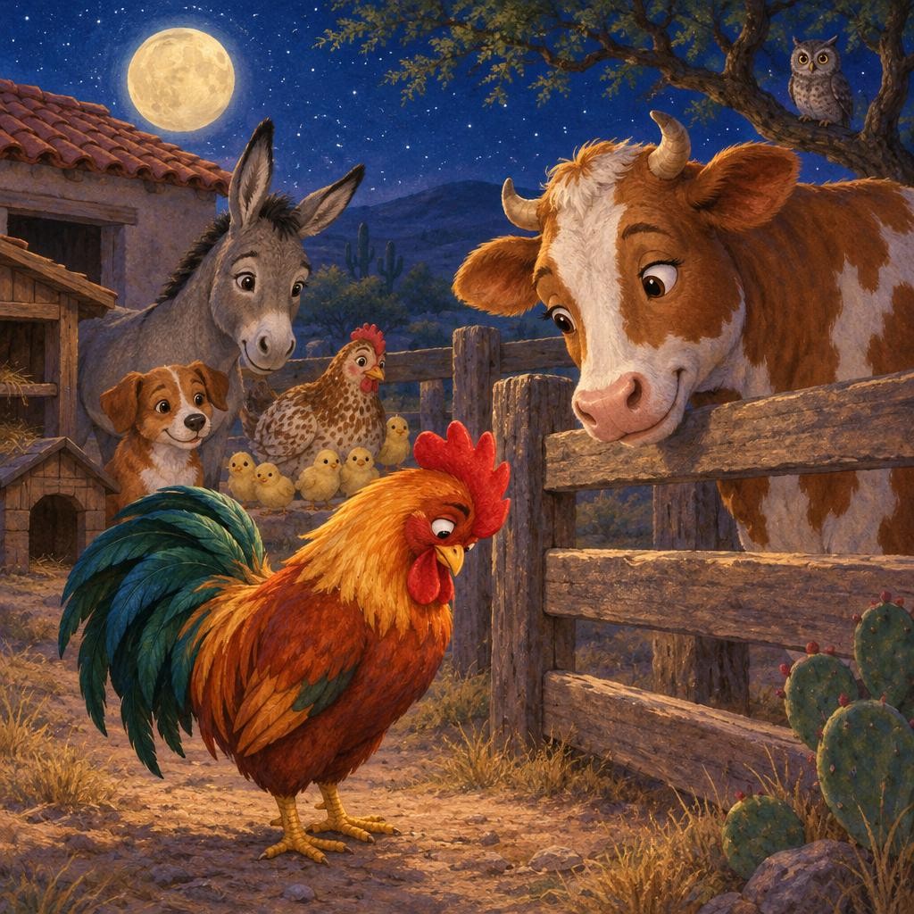 —¡Ay! —dijo Pancho, y su cresta se puso más roja que nunca—. No es el sol. ¡Es la luna! Pancho bajó la cabeza. —Perdón, amigos. Los desperté antes de tiempo. La vaca le sonrió. —No