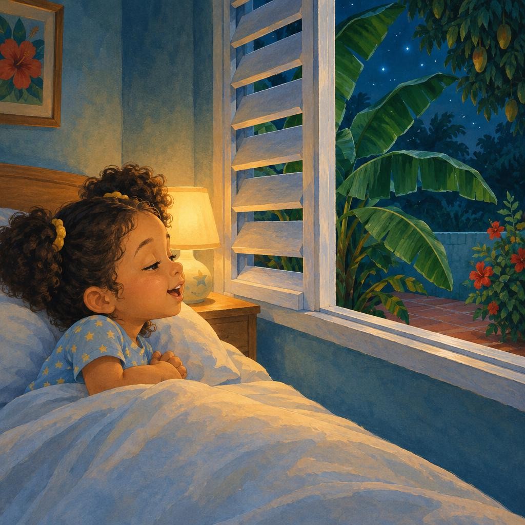 De vuelta en su cuarto, Valeria se metió en la cama. Por la ventana entraba el concierto: un coquí por aquí, otro coquí por allá. —Co-quí, co-quí —cantaba bajito Valeria con ellos.