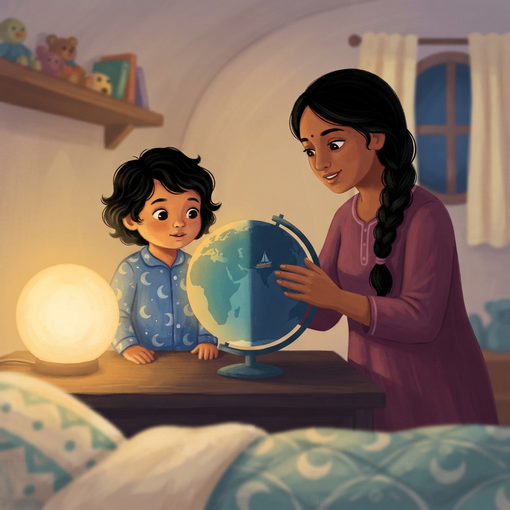 இந்த ball பூமி. Amma அதைத் திருப்புகிறார். நம் பக்கம் light-ஐ விட்டு திரும்புகிறது.