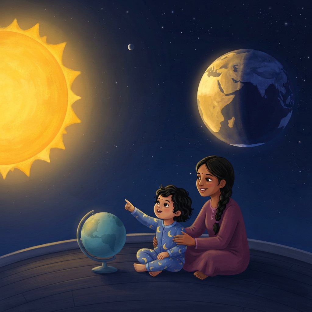 பார்—சூரியன் அங்கேயே. பூமியின் இந்தப் பக்கம் night. மறுபக்கம் day!