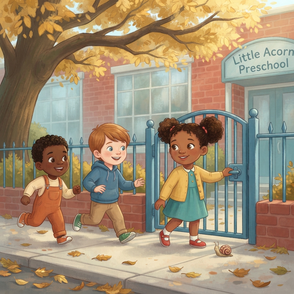 Maya skips to the blue school gate. Leo comes tap-tap-tapping. Sam comes hurry-hurry-hurrying. “Hello, friends!” they call. A new day is better together.