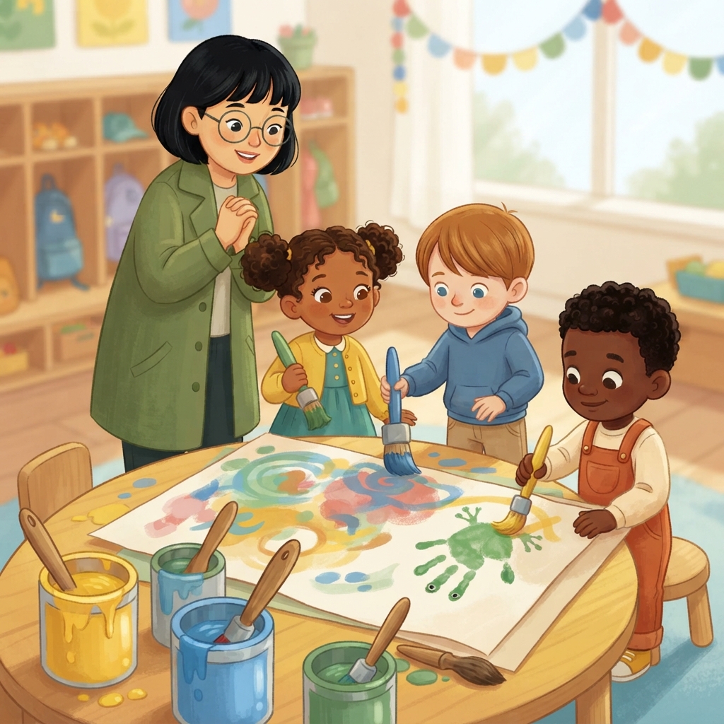 At school, the friends paint. Maya makes a yellow sun. Leo adds a blue sky. Sam dabs green grass below. Three small hands make one big picture.