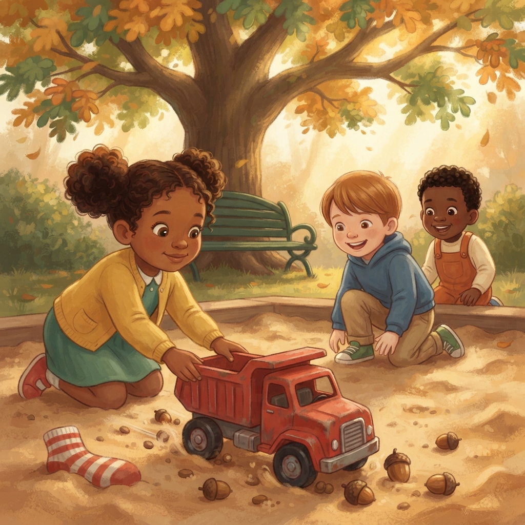 After school, they play beneath the park’s big oak. There is one little red truck—and three friends. Maya rolls it to Leo. Leo rolls it to Sam. Sam rolls it back. “My turn, your tu