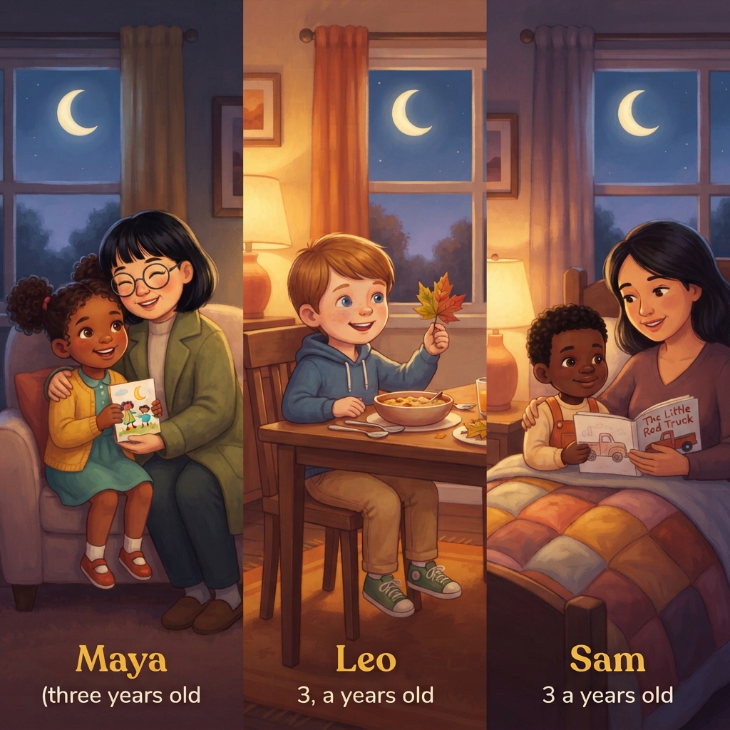 Maya comes home for a cuddle. Leo comes home for supper. Sam comes home for a story. Three friends, three cozy homes, one happy thought: Tomorrow, they will meet again.