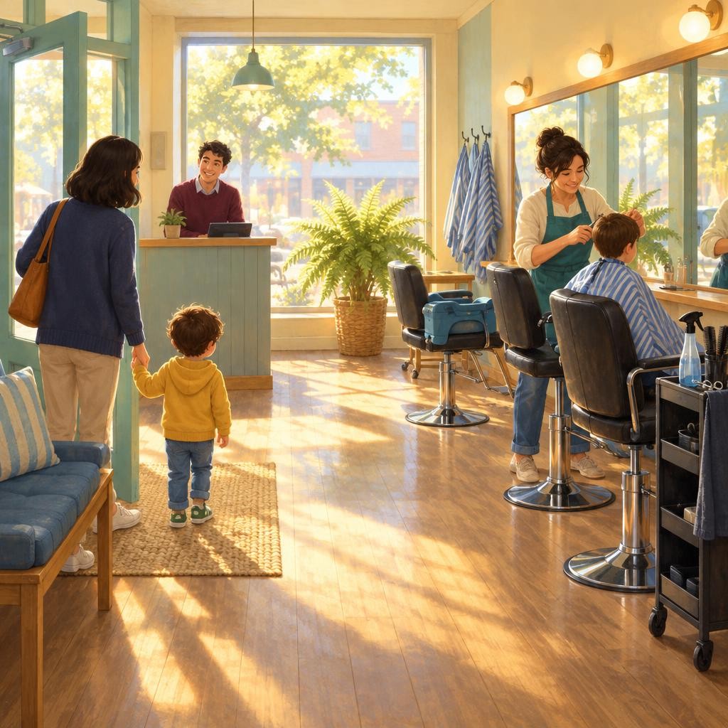 My name is Noah. Today I am going to get my first haircut. My grown-up and I walk into the hair salon.