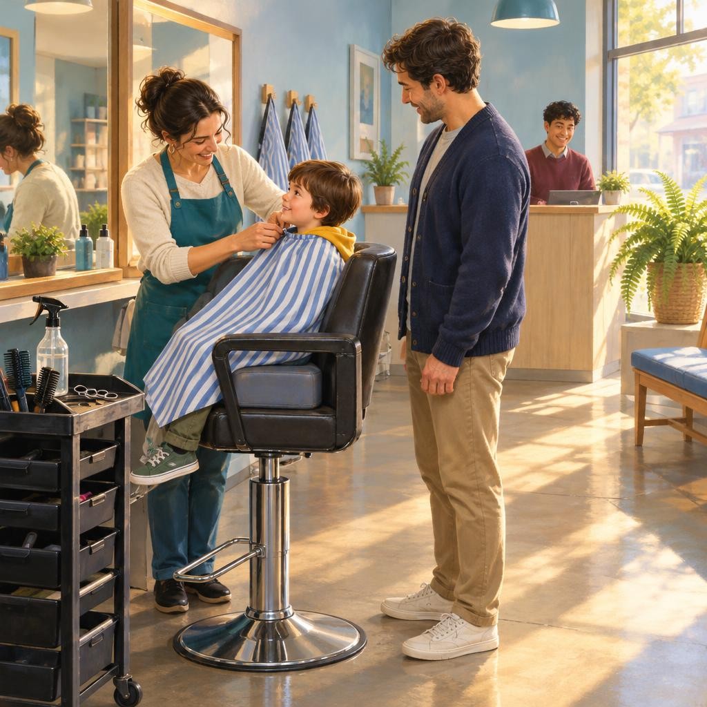 The hairdresser shows me a tall chair by a wide mirror. A booster seat helps me sit up high. She puts a soft striped cape around me.
